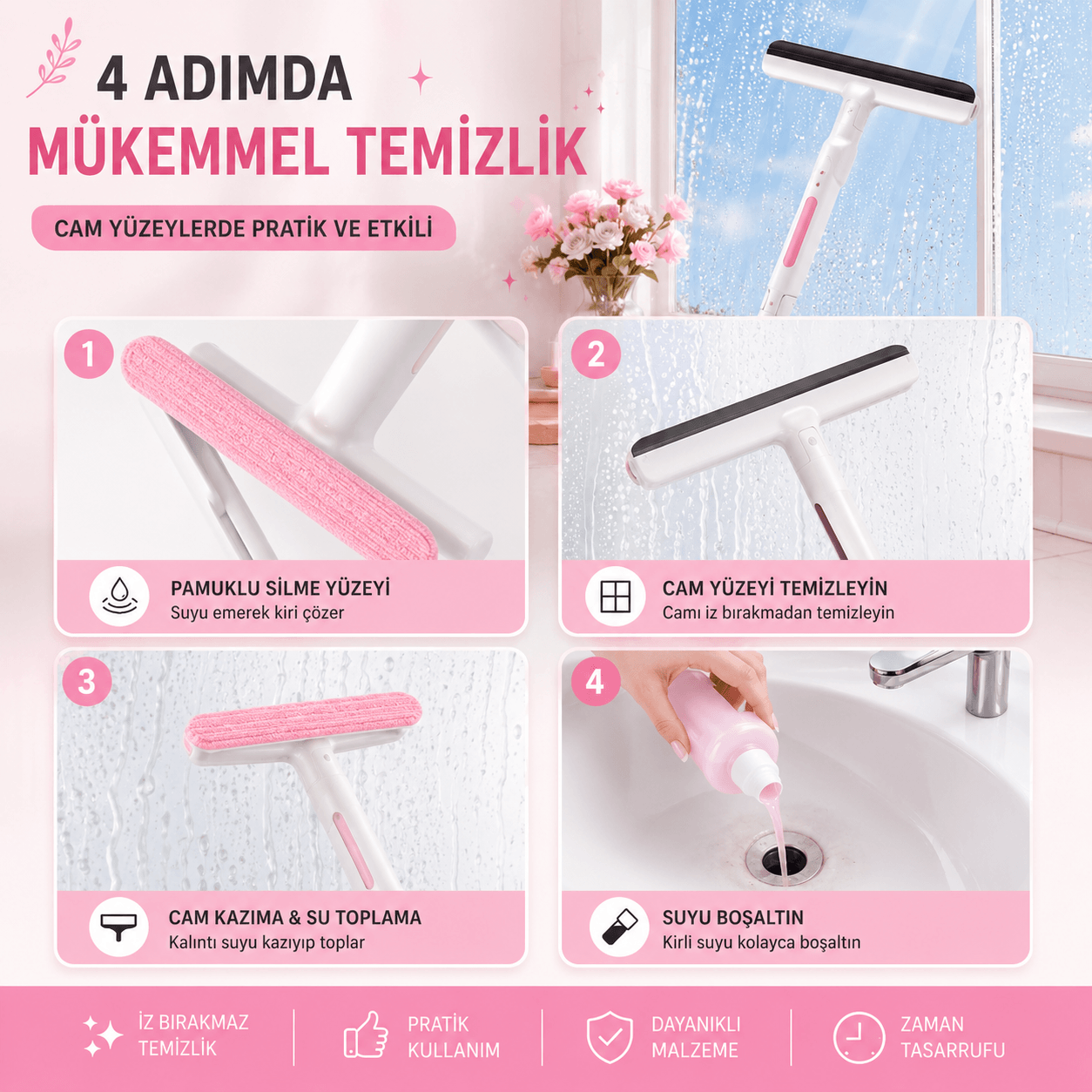 4'ü 1 Arada Teleskopik Cam Temizleyiciyi 